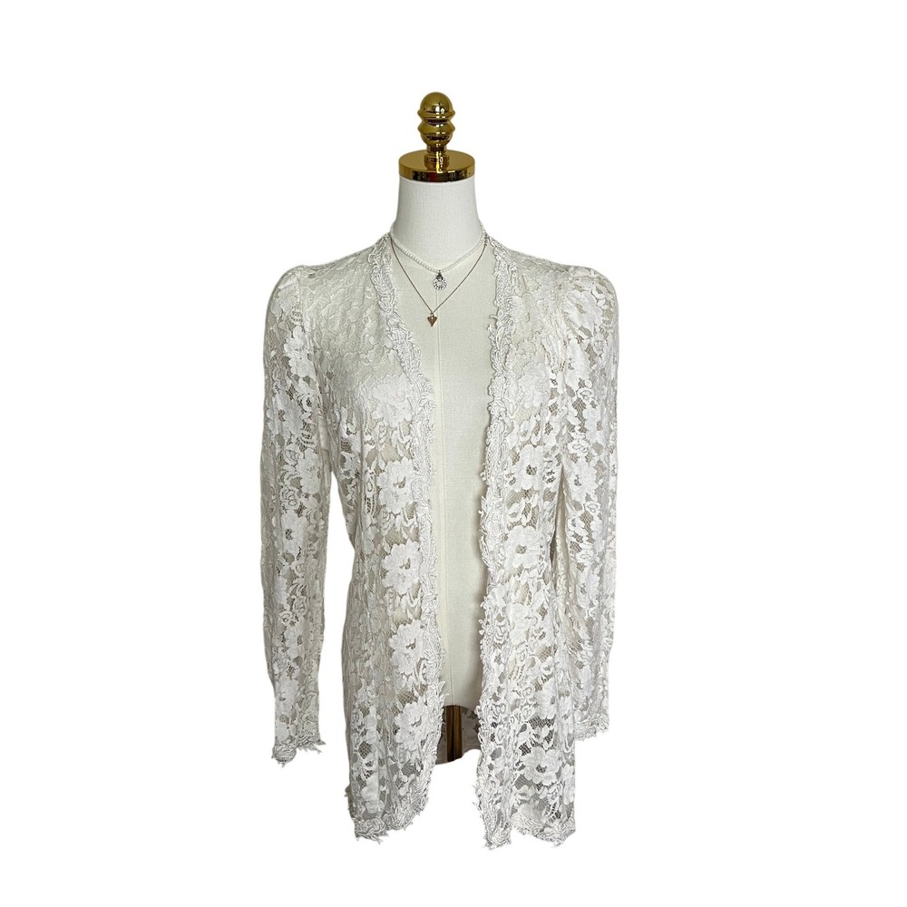 Vintage Cachet Bari Protas White Floral Lace Open Front Cardigan Jacket USA 9/10